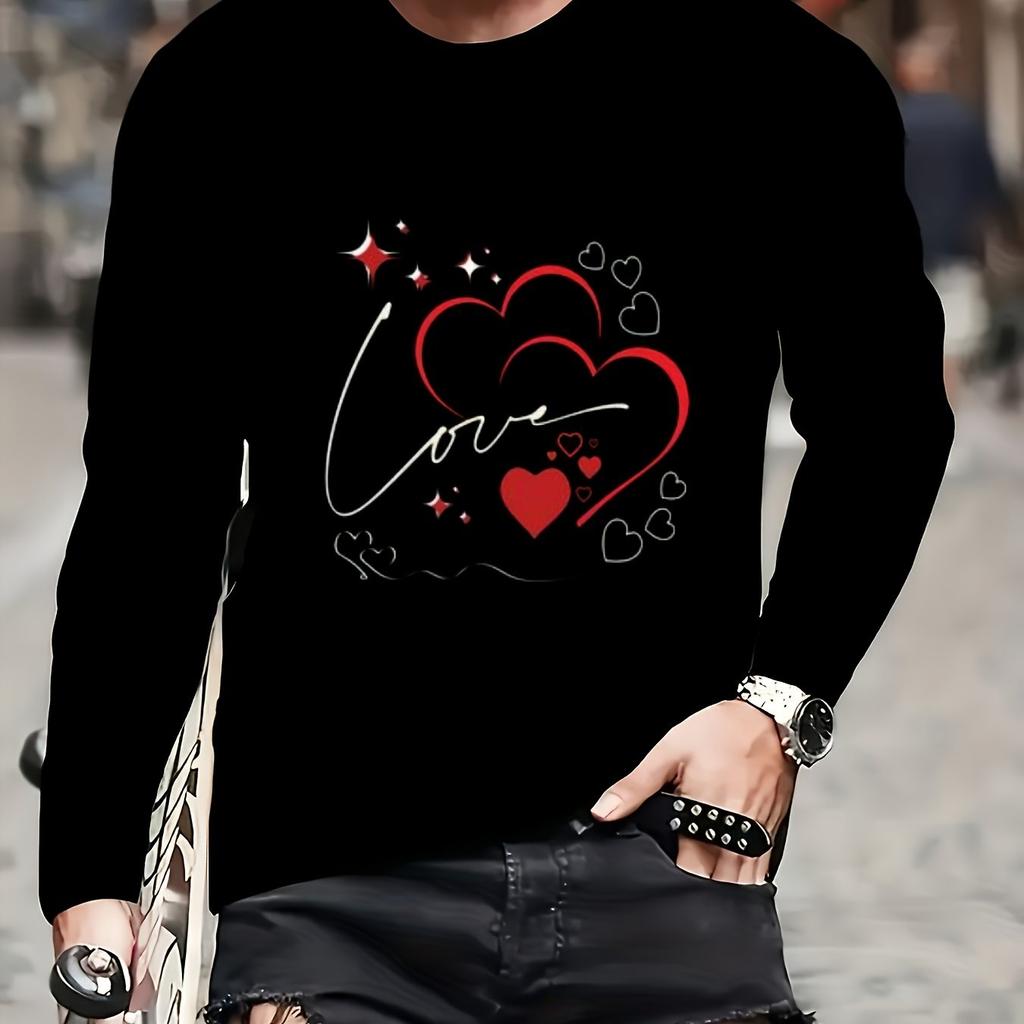 Herzmuster Langarm-T-Shirt für Herren Valentinstag Täglich Lässig Skate Top