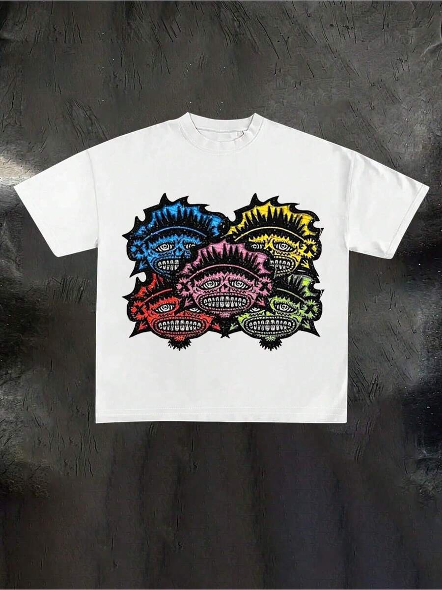 

Colorful MonsterLike Faces Graphic TeeCasual PrintComfortable And VersatilePure Cotton 220g Printed TShirtUnisex Style 4XL