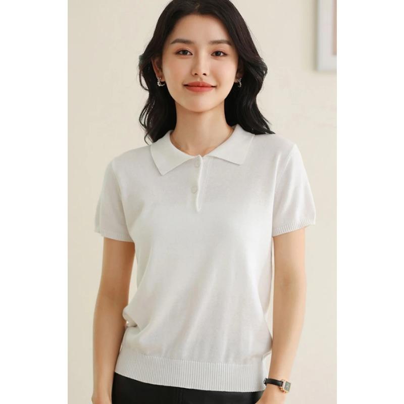 Womens Solid Color Short Sleeve Knit Polo Shirt M