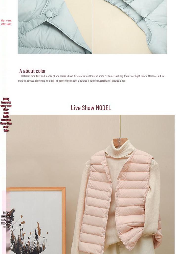 Women's Lightweight Down Vest: 90% Down, Collarless, Round Neck, Thin Style for Middle-Aged and Elderly.