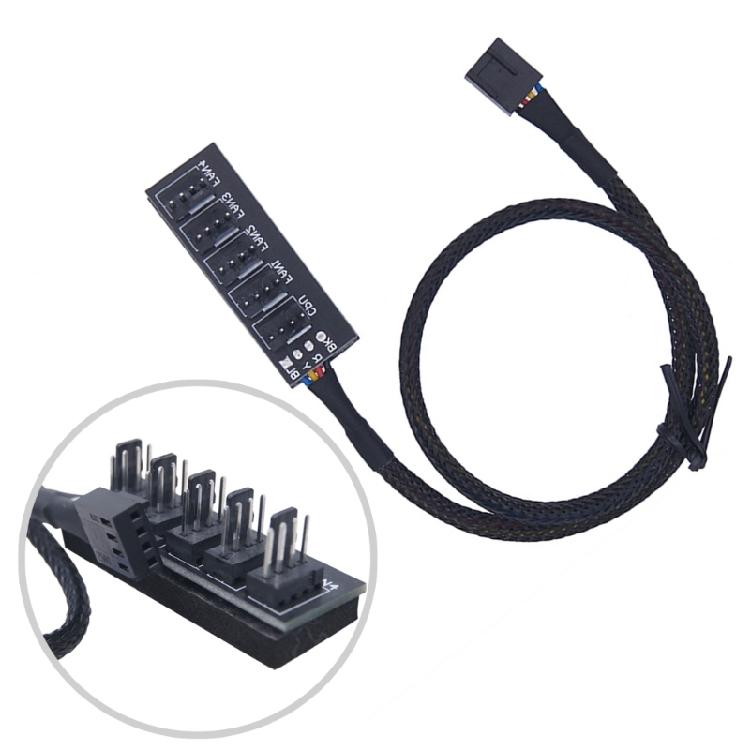 PC Fan Adapter Hub with 5 PWM Connection Splitter Port for Multiple Cooling Fan Control Adjustable