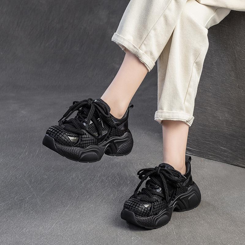 Spring New Platform Dad Shoes Women Genuine Leather Breathable Mesh Upper Round Toe Casual Walking Shoes