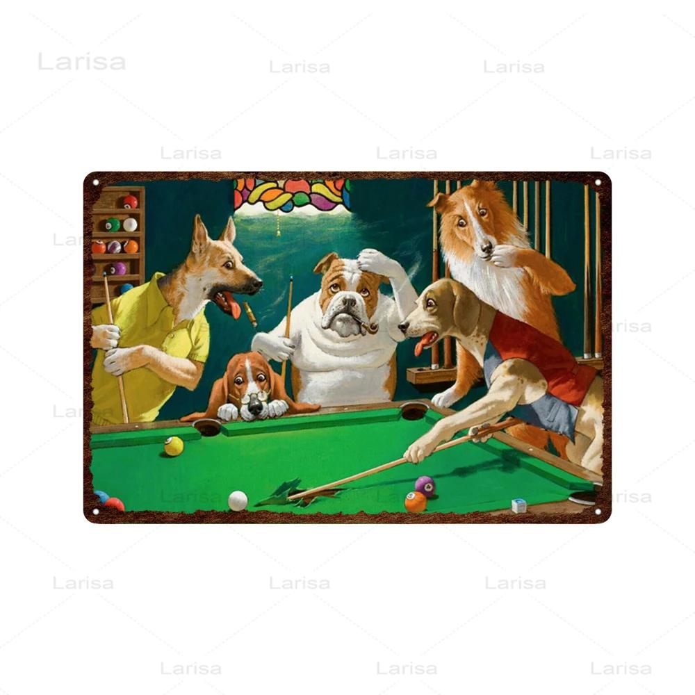 Dogs Playing Poker Game Metal Plaque Animals Playing Billiards Tin Sign Garage Club Wall Pub Tin Sign Vintage Metal Posters