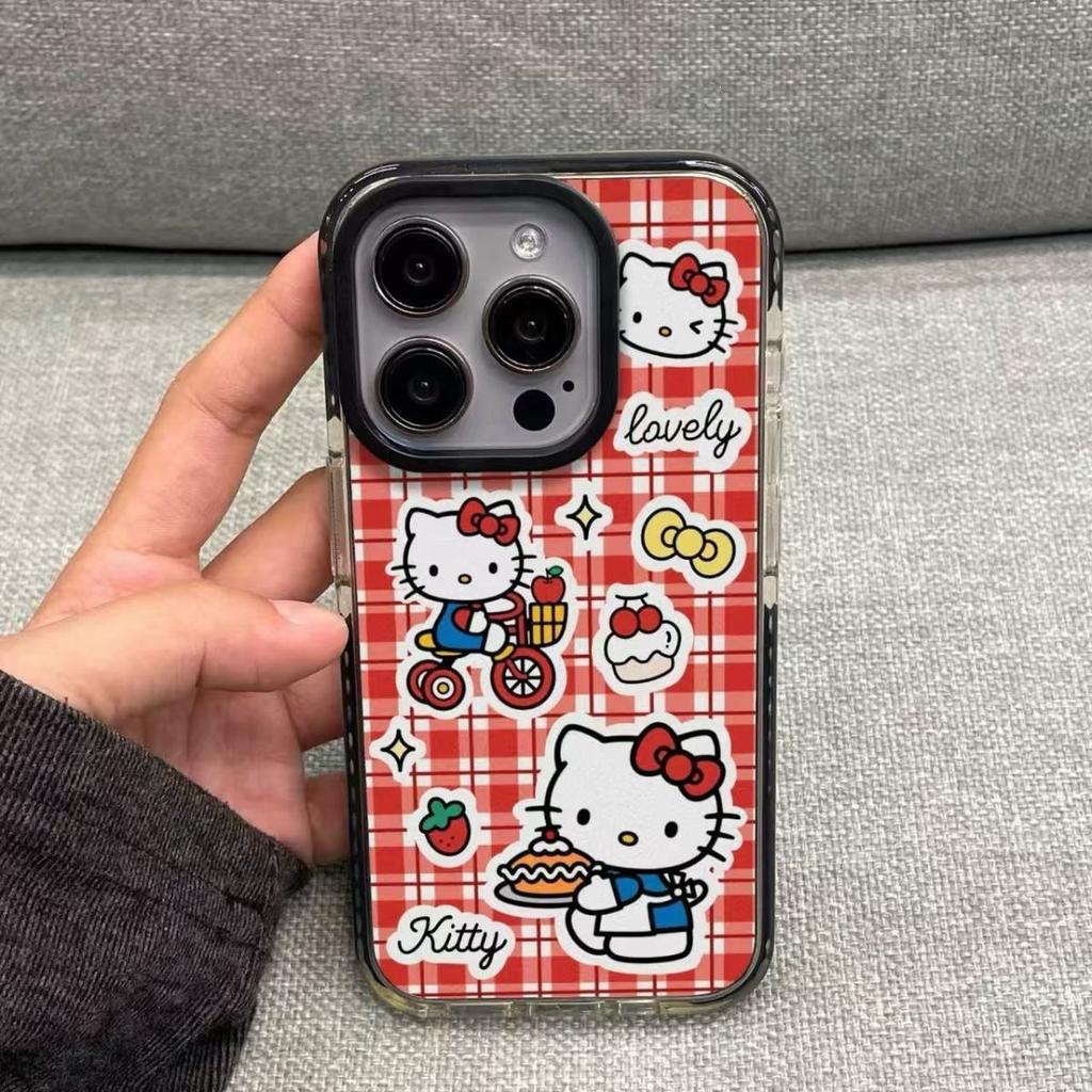 Red grid cat circle case, black edge is suitable for Apple 16plus/15 mobile phone case 14/13/12/11promax soft case