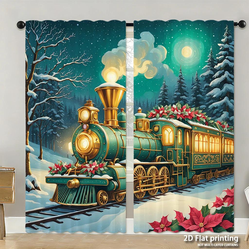 Piece Set High Definition Digital Printed Curtainschristmassantaredhollyflowersribbonhome Decoration Style Curtains Made Of Polyester