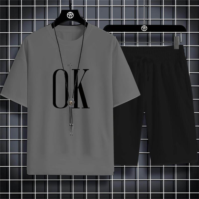 Summer Fashion Casual Sports Style Alphabet Ok Printed Men'S Round Neck Short Sleeve T-Shirt Drawstring Shorts Beach Suit