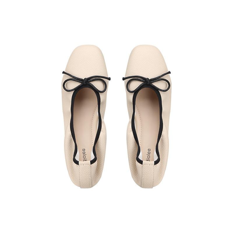 Premium Sheepskin Version~ Gentle Bow Square Head Shallow Mouth Flat Bottom Soft Sole Ballet Single Shoe Women