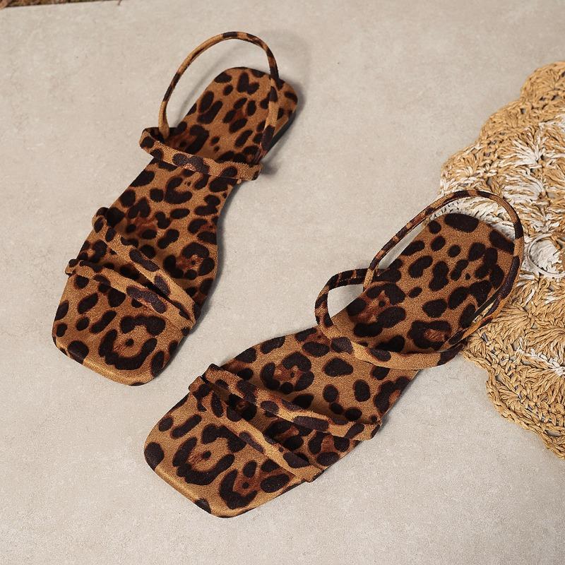 Módní dámské sandály 2025 léto leopardí potisk nazouváky slingback ploché boty plus size 43 dámské sandály s otevřenou špičkou čtvercové ploché sandály