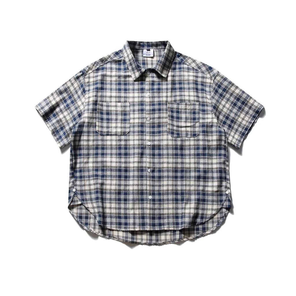 Summer New Color Blocked Plaid Lapel Shirt Japanese Retro Pocket Decoration Short Sleeved Shirt