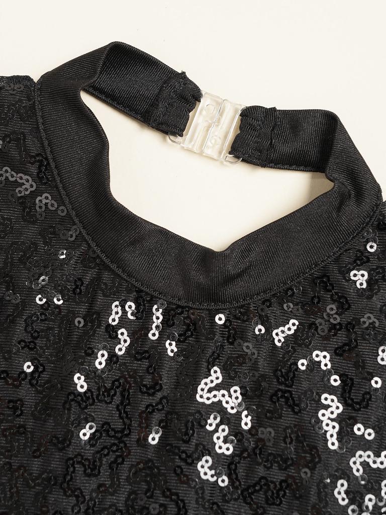 Girls Dance Costume Mesh Long Sleeve Shiny Sequins Hollow Back Patchwork Style Tassel Dress