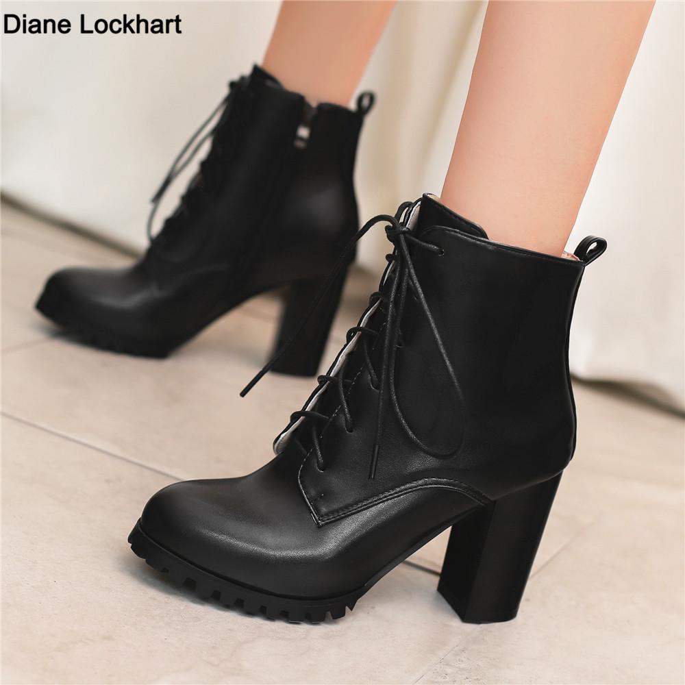 Fashion Fashion Ankle Boots For Women Winter Shoes Block High Heels Lace-up Women's Short Boot Black White Silver Large size 45 46 47 48