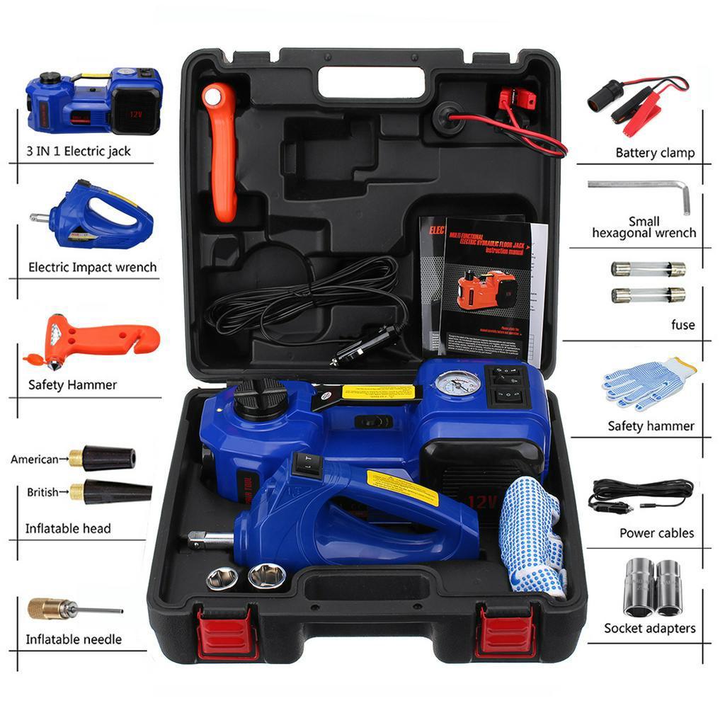 180W 3 IN 1 Electric Hydraulic Floor Car Jack Tire Inflator Pump LED Light 480N.M Electric Impact Wrench Car Repair Tool