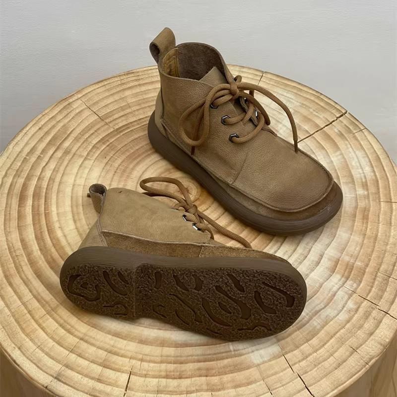 Fashion Women's Genuine Leather Ankle Boots Plush Fur Warm Winter Ladies Flat Shoes British Style Lace-Up Round Toe Women Short Boots