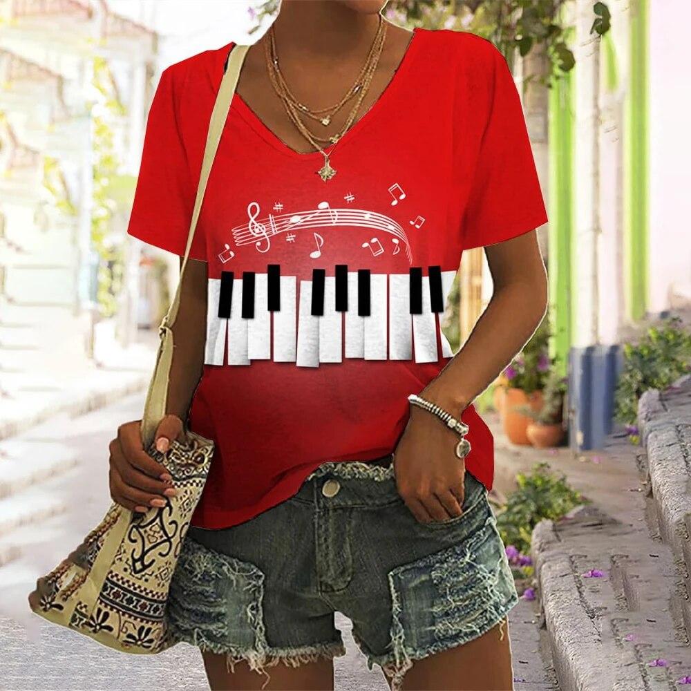 Music Notes 3d Printing Women's Casual Fashion Street Short-sleeved V-neck T-shirt
