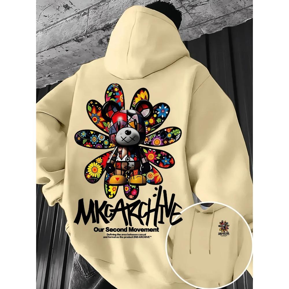 Men's Casual Hooded Sweatshirt – Colorful Floral Bear Graffiti Print Pullover Warm Street-Style Top for Spring Autumn