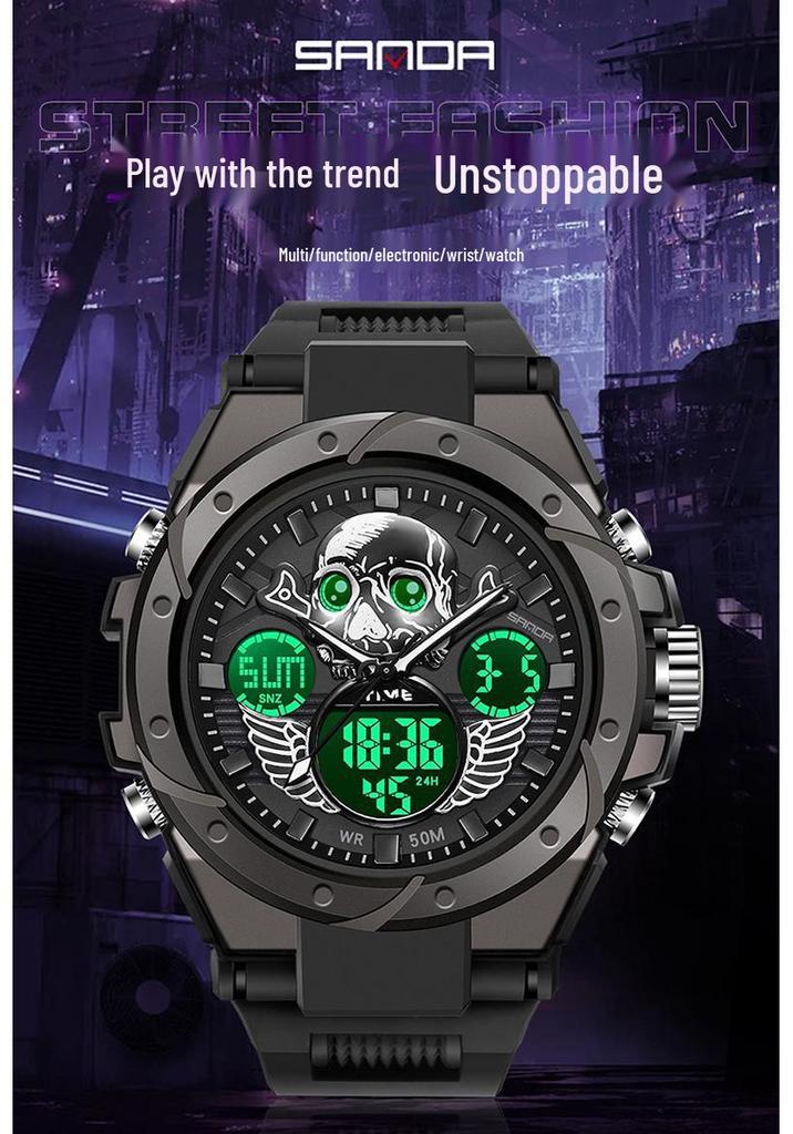 Sanda Skull Design Dual Display Waterproof Luminous Men's Student Multifunctional Watch