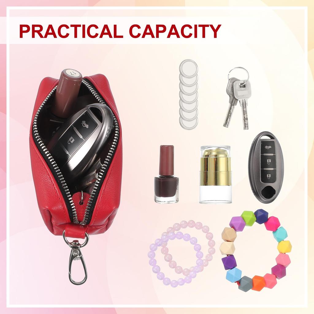 [uxcell] Leather Coin Case with Car Key Holder, Keychain Pouch, Unisex, Small Coin Case with Key Ring, Red