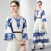Summer Women Vintage Blue and White Porcelain Print Flower Loose Maxi Party Dresses with Belt
