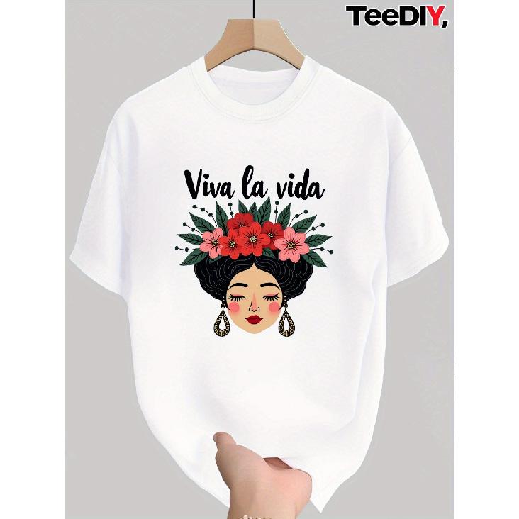 Teediy Women s 100% Cotton Short Sleeve T-Shirt - Viva La Vida Floral & Geometric Print Round Neck Light Grey Top, Regular Fit Machine Washable S белый