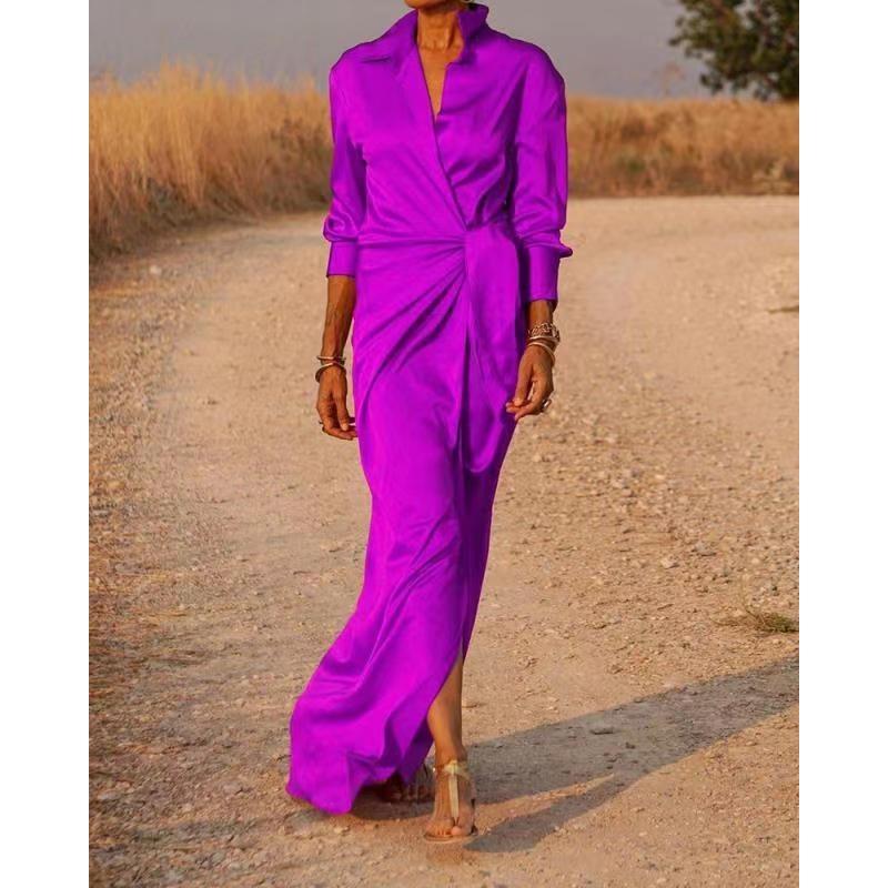 Autumn Women's Tie High Waist Split Drag Floor Long Sleeve Lapel Sexy Dresses