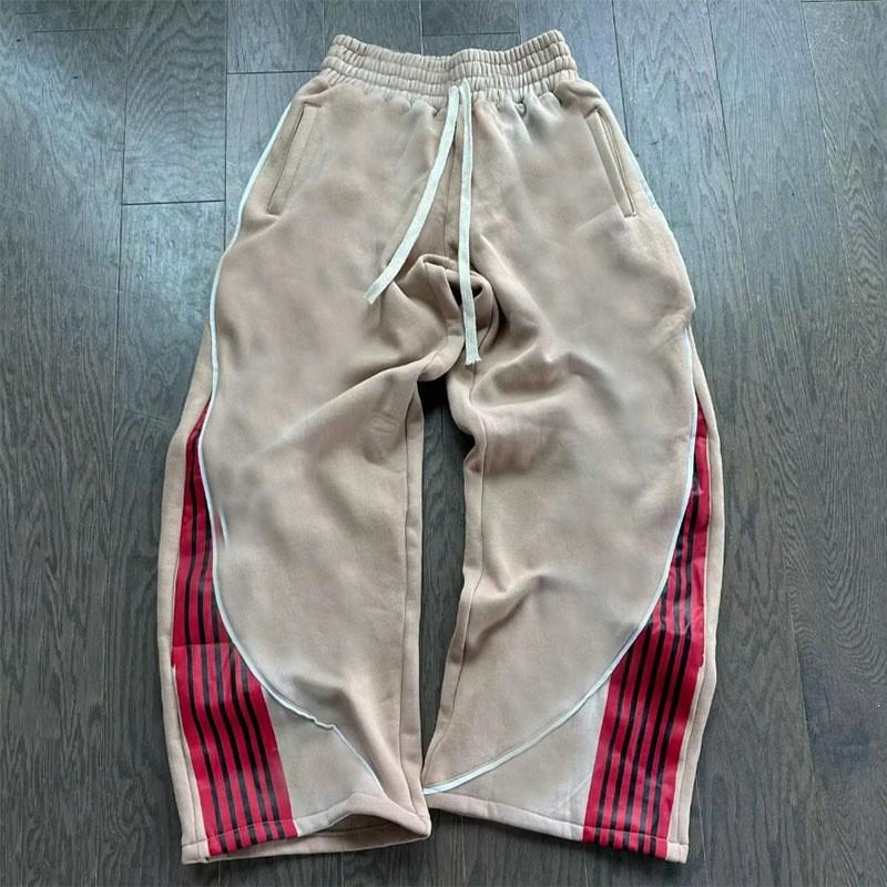 Winter High Street Hip Hop Casual Colorblock Sweatpants Loose Straight Leg Drawstring Pants Unisex Women Khaki