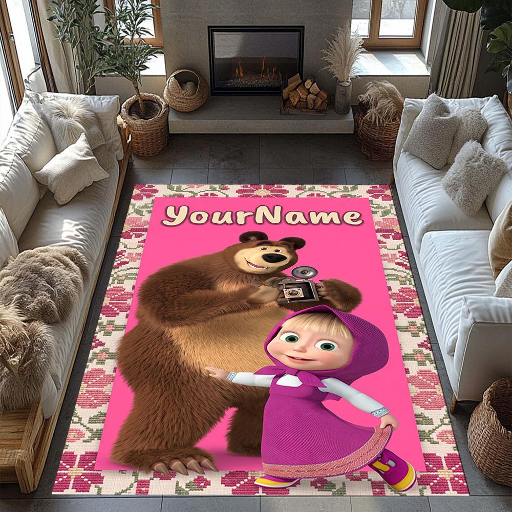 Masha Bear Customized Name Floor Rug Office Rug Perfect for Decorate Room Foyer Playrooms Dormitory Anti-slip Rug Decorate Offices