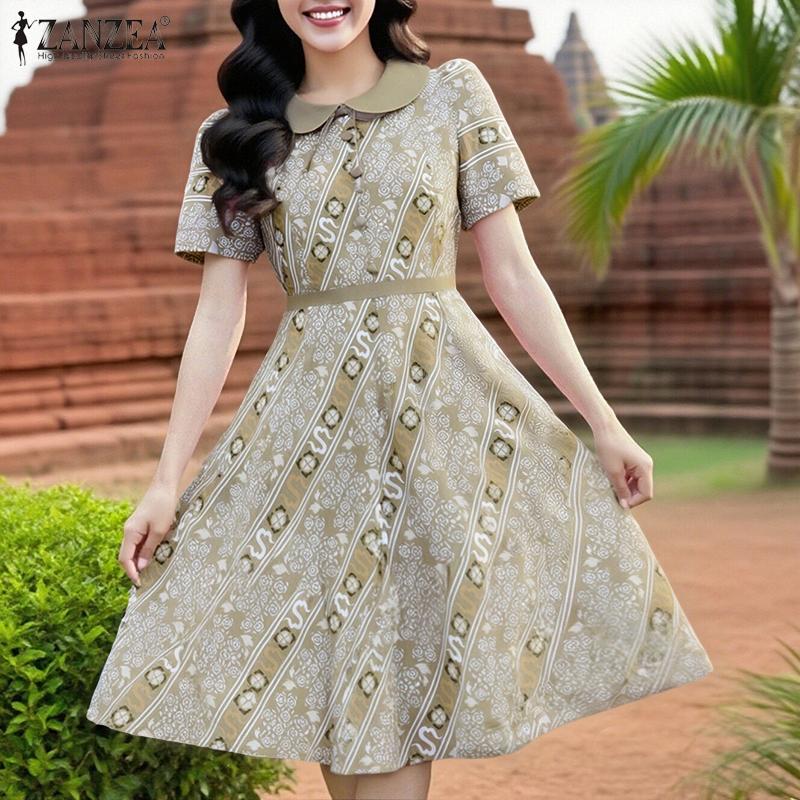 ZANZEA Women Casual Doll Collar Summer Short Sleeve Print Dress