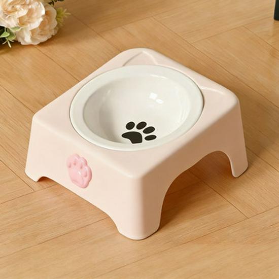 Integrated Cat Food & Water Bowl, Cute Ceramic Design, Sloped Mouth, High-Legged for Cervical Protection