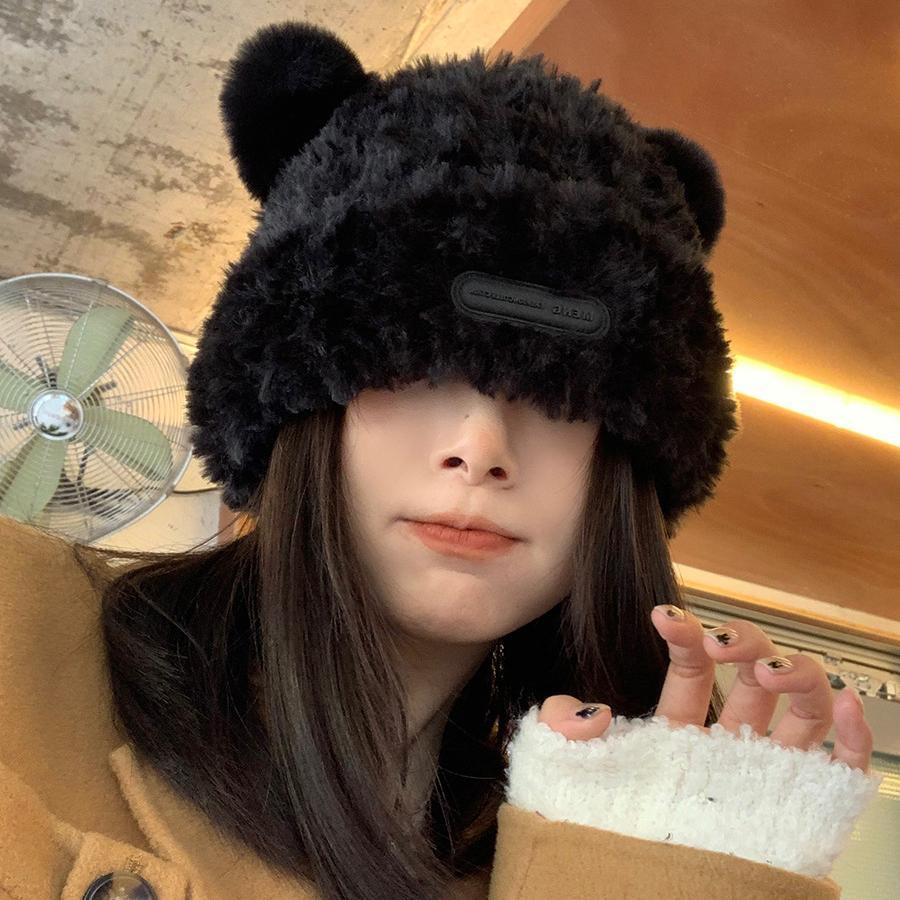 Sweet and Cute Bear Plush Knitted Hat Children Autumn and Winter Thickened Warm Imitation Fur Pullover Wool Hat Basin Hat