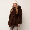 Women Mid Length Hooded Belted Faux Mink Fur Winter Overcoat