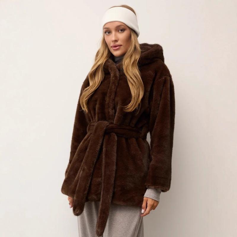 Women Mid Length Hooded Belted Faux Mink Fur Winter Overcoat
