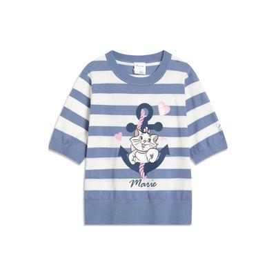 Li Ning X Disney Collaboration Marie Cat Series Striped Cartoon Print Round Neck Three-Quarter Sleeve T-Shirt Women Tops AMBT116-3