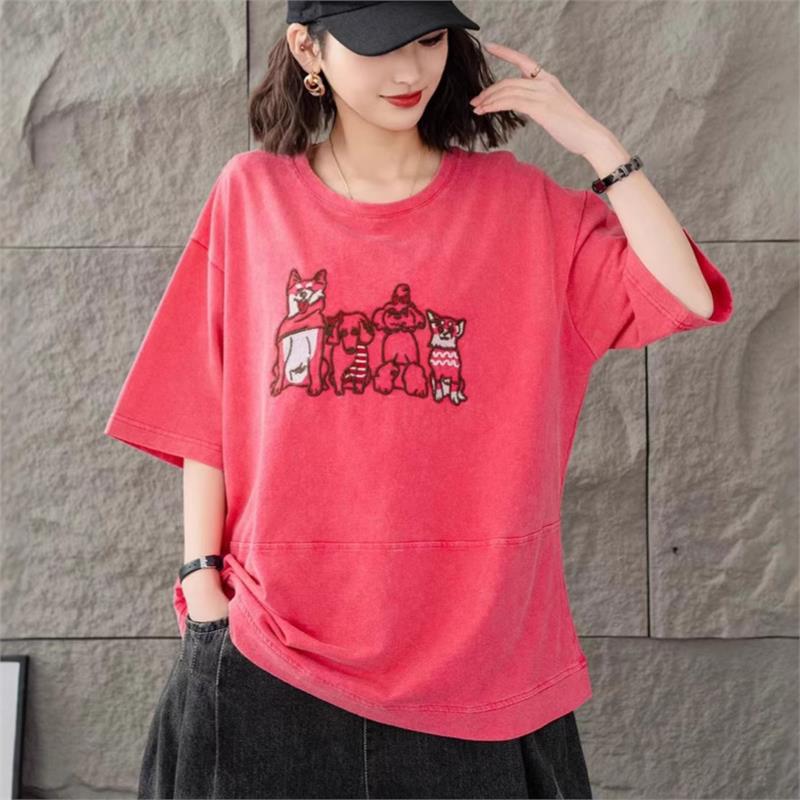 

Versatile Tie-Dye Embroidered Crew Neck T-shirt One Size хакі