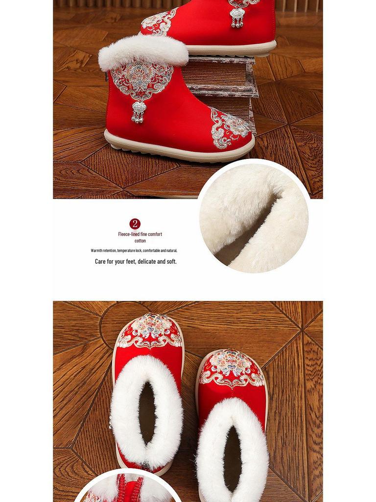 2025 Winter Chinese Hanfu Leather Snow Boots for Girls - Handmade Embroidered Cotton Children's Shoes for New Year's Day