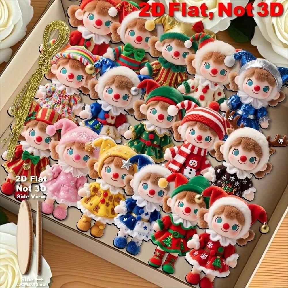 12pcs Colorful Christmas Doll Decoration Wooden Handcrafted Christmas Tree Ornament 2D Flat Traditional Design