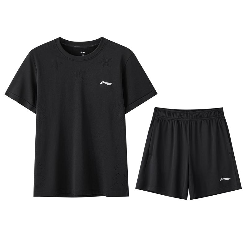 Li Ning Solid Color Round Neck Breathable Versatile Short Sleeve T-Shirt And Mid Waist Shorts Casual Sports Set Men sets AATV017-11