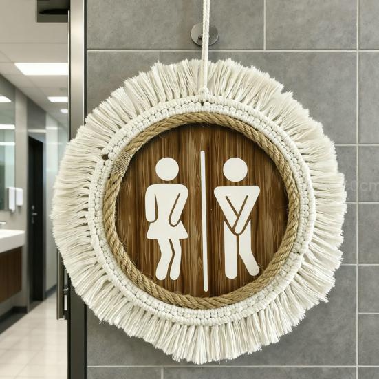 Cotton Thread Wooden Bathroom Sign Rustic Restroom Door Men Women Hanging Sign Restaurant Office