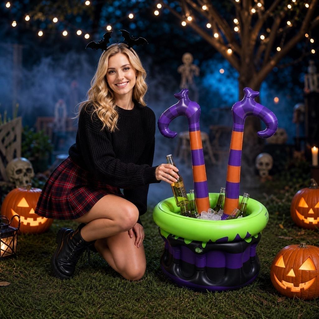 Inflatable Witch Leg Cauldron Cooler Large Capacity Beverage Bucket for Halloween Party Festival Decoration and Storage