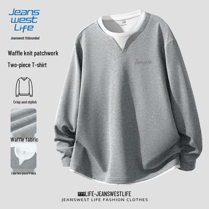 JEANSWEST LIFE Men s Waffle Faux Two-Piece Long Sleeve T-Shirt XL