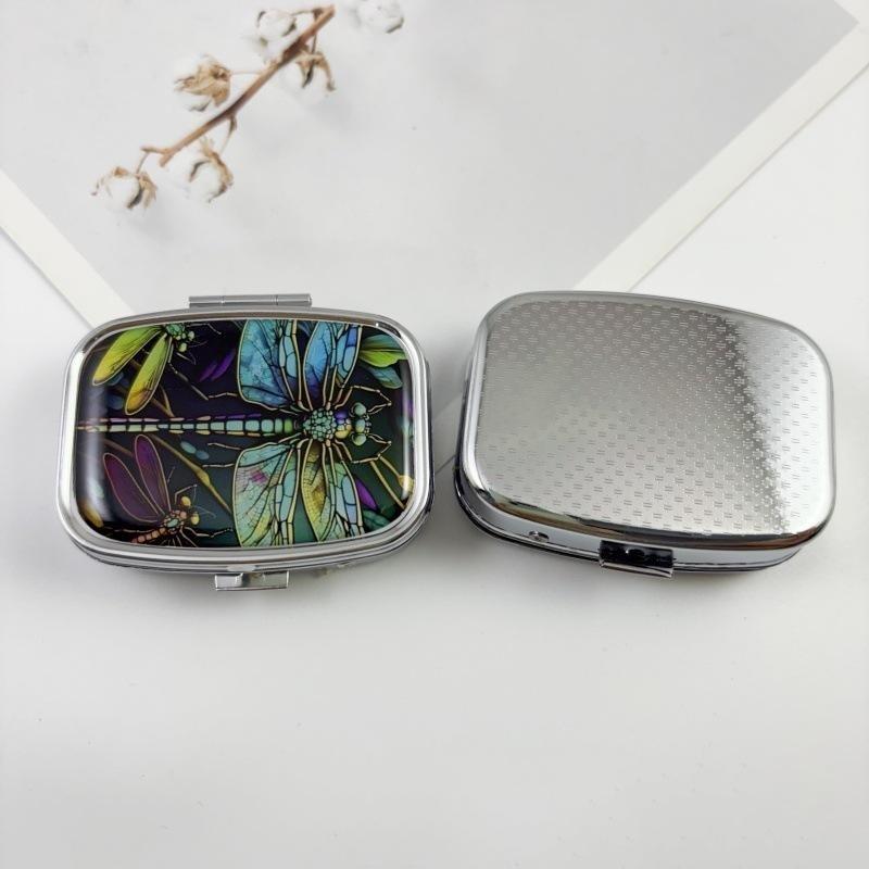 Square Two Compartment Metal Pill Box Portable Pill Box Stained Glass Insect Print Medicine Container For Travel Daily Carry