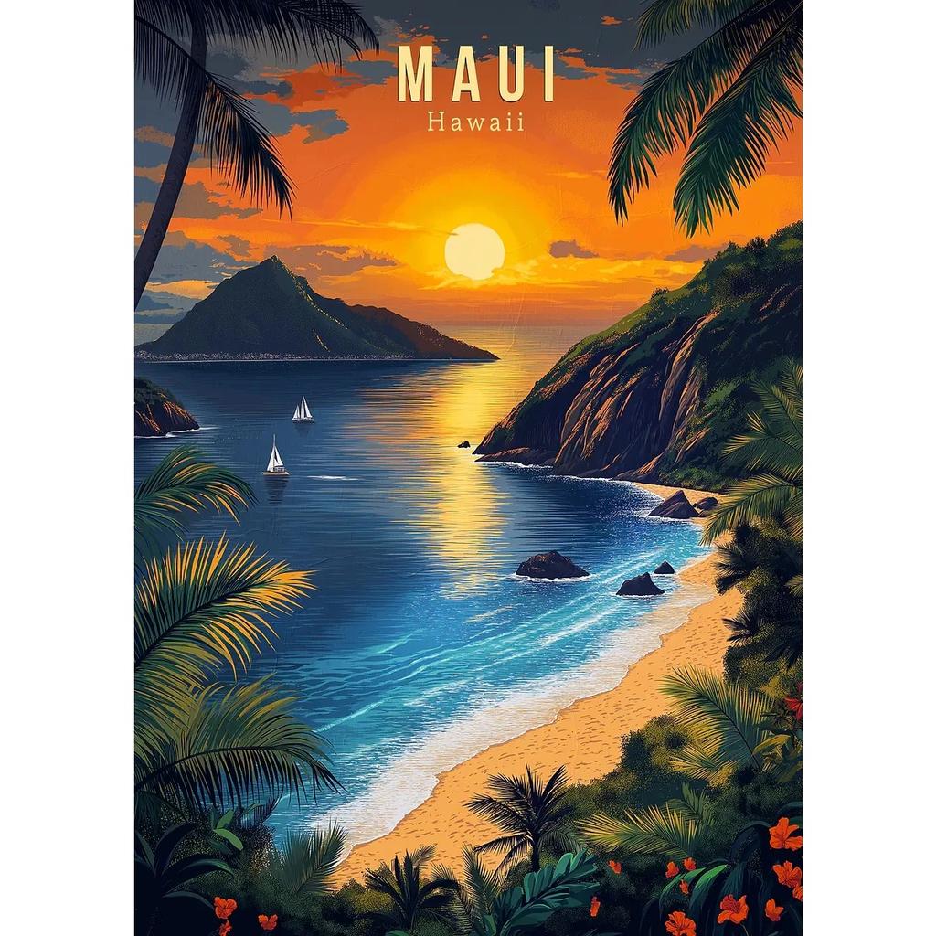 Hawaii Travel Posters Oahu Waikiki Sunset Vintage Tropical Prints Beach Ocean Canvas Painting Wall Art Pictures Home Room Decor