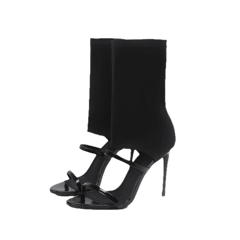 Plus Size High Top Stiletto Heel Sandal Boots - Women’s Open Toe Elastic Fabric Ankle Booties for Outdoor Wear