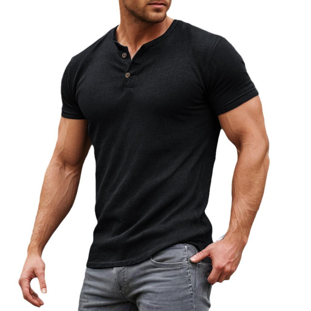 European Size Men'S Solid Color Casual Tight Fitness Henry Collar T-Shirt