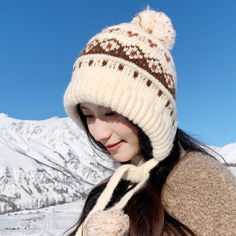 Vintage Fair Island Hat Women'S Windproof And Cold-Proof Wool Hat Warm Ear Protector Lei Feng Hat Show Face Small Knitted Hat