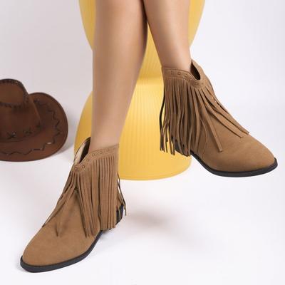 Neue Retro-Matte Damen Kurzstiefel Spitz Martin Stiefel Übergröße Fransen Nieten Western Cowboy Stiefel