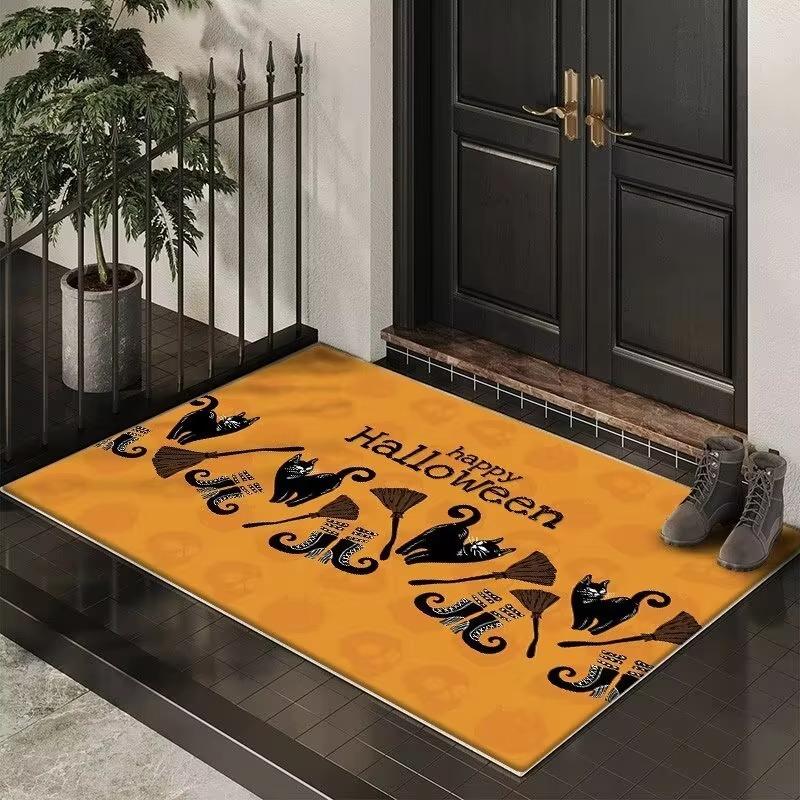 Halloween Themed Door Mat With Spooky Patterns Like Pumpkins Bats Black Cats Witches Non Slip Durable Entrance Rug