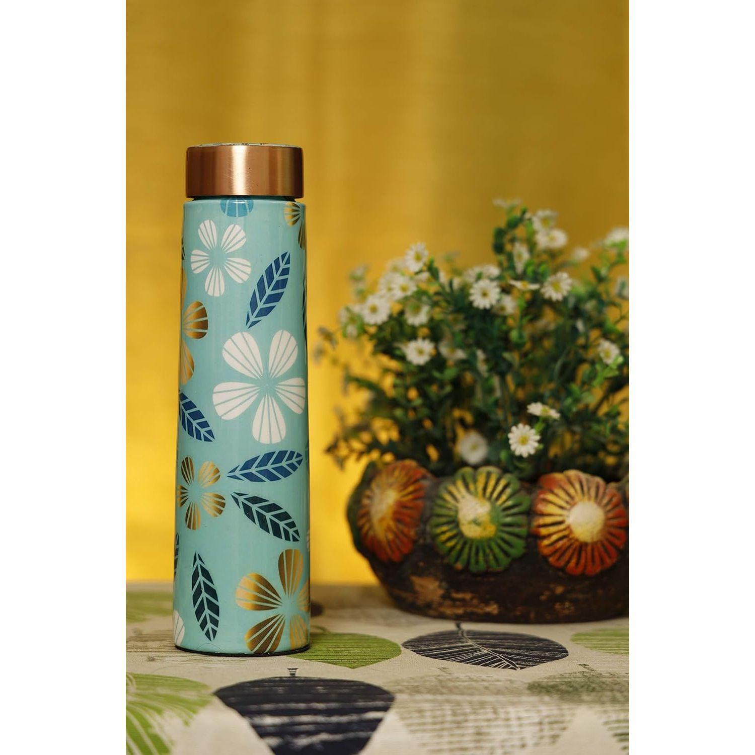 

Golden Flower Multicolour Designer Printed 100% Pure Copper Bottle 1 Litre | Beautiful Bottle