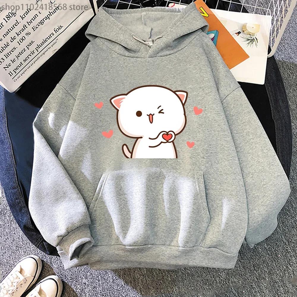 Women Hoodies Kawaii Peach Cat Cartoon Print Sweatshirt Mochi Heart Love Winter Cartoon Sudadera Clothing