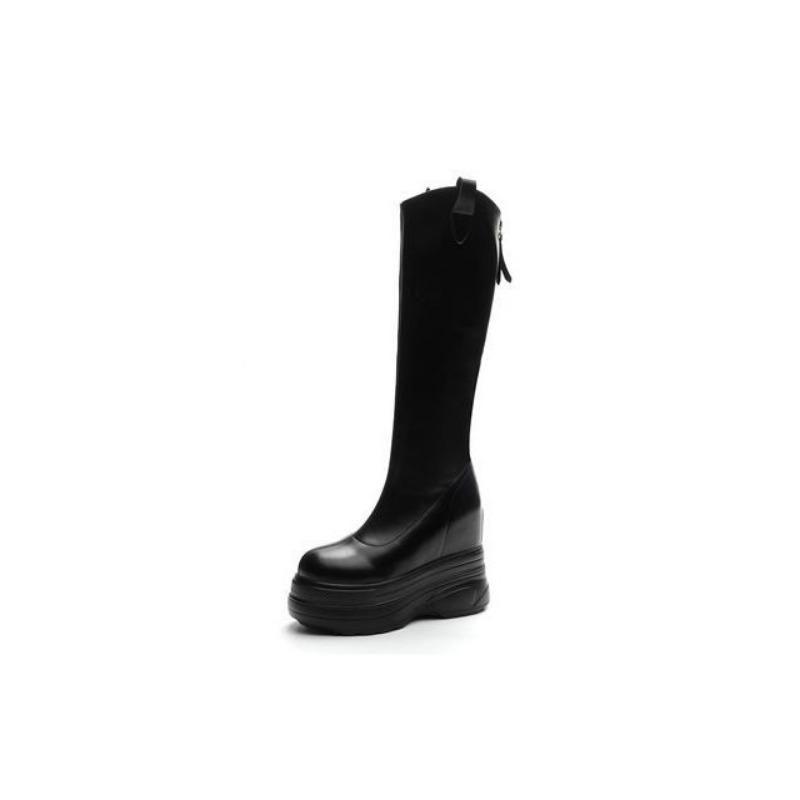 Fashion 11CM Microfiber Genuine Leather Platform Wedges Knee High Boots Woman Plush Modern Hidden Heel Winter Autumn Shoes Plush