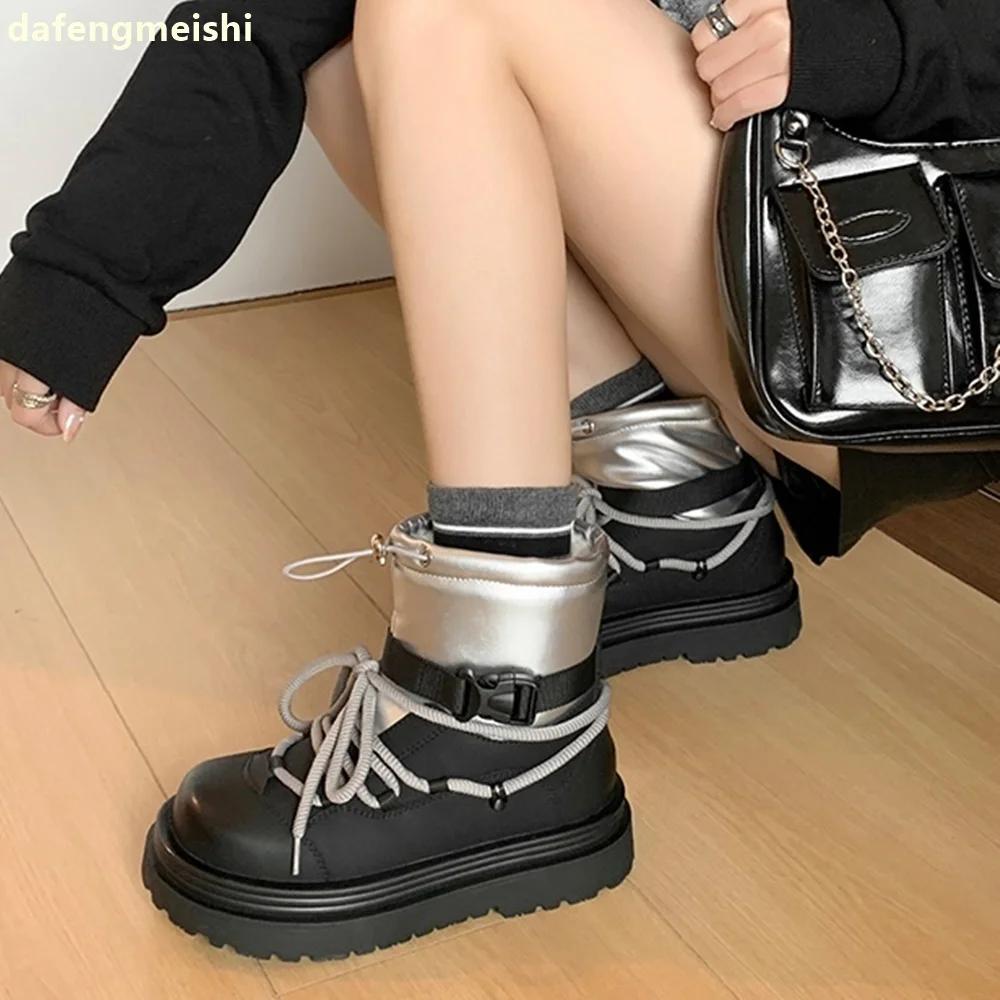 2025 Winter New Snow Boots Plush Warm Round Toe Thick Sole Mid-Calf Boots Black/beige Leather Elastic Band Snow Boots